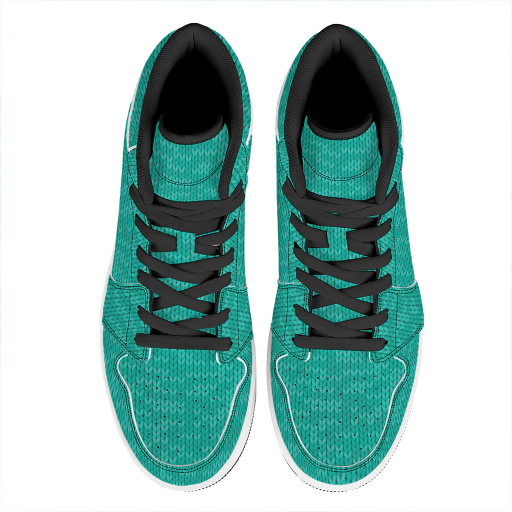 Turquoise Knitted Pattern Print High Top Leather Sneakers