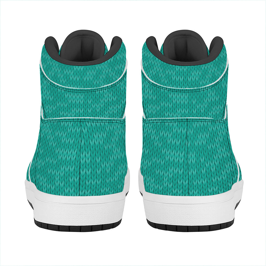 Turquoise Knitted Pattern Print High Top Leather Sneakers