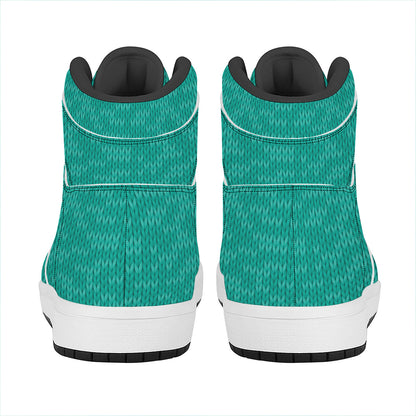 Turquoise Knitted Pattern Print High Top Leather Sneakers