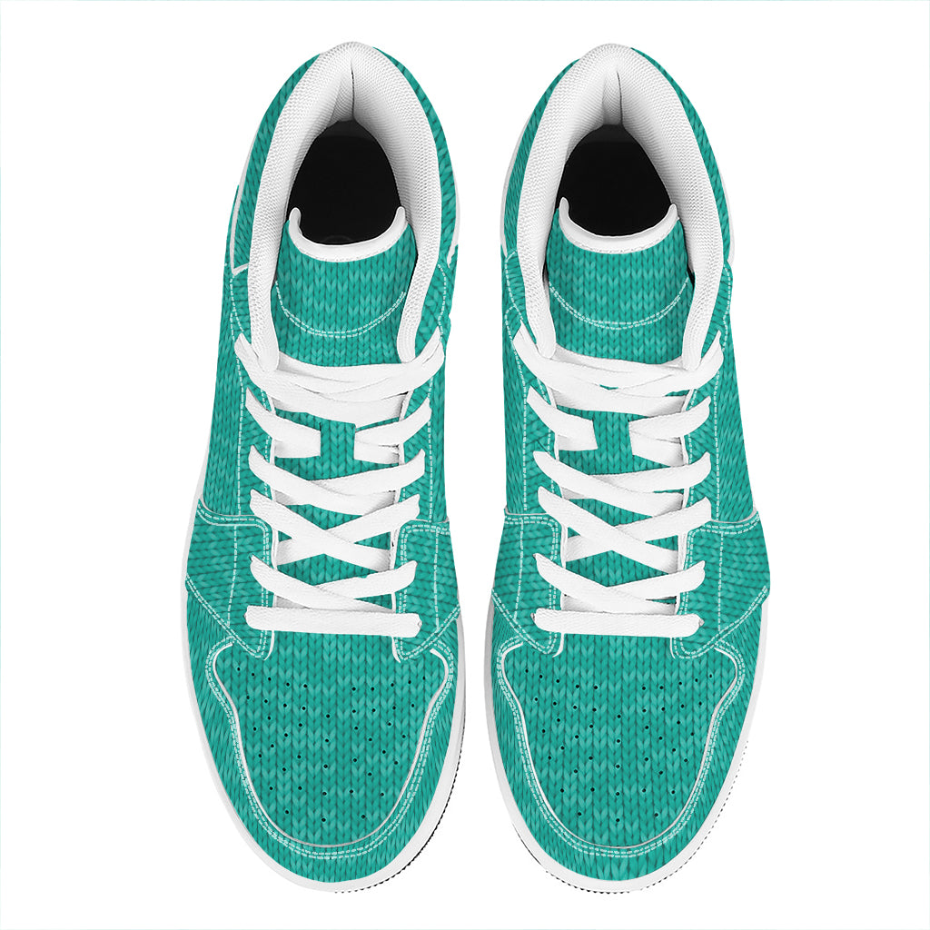 Turquoise Knitted Pattern Print High Top Leather Sneakers