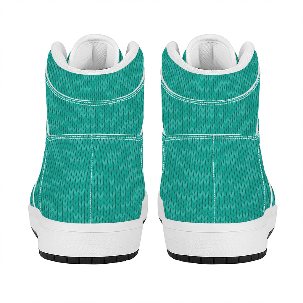 Turquoise Knitted Pattern Print High Top Leather Sneakers