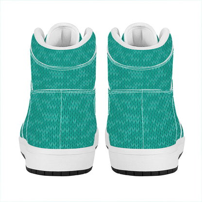 Turquoise Knitted Pattern Print High Top Leather Sneakers