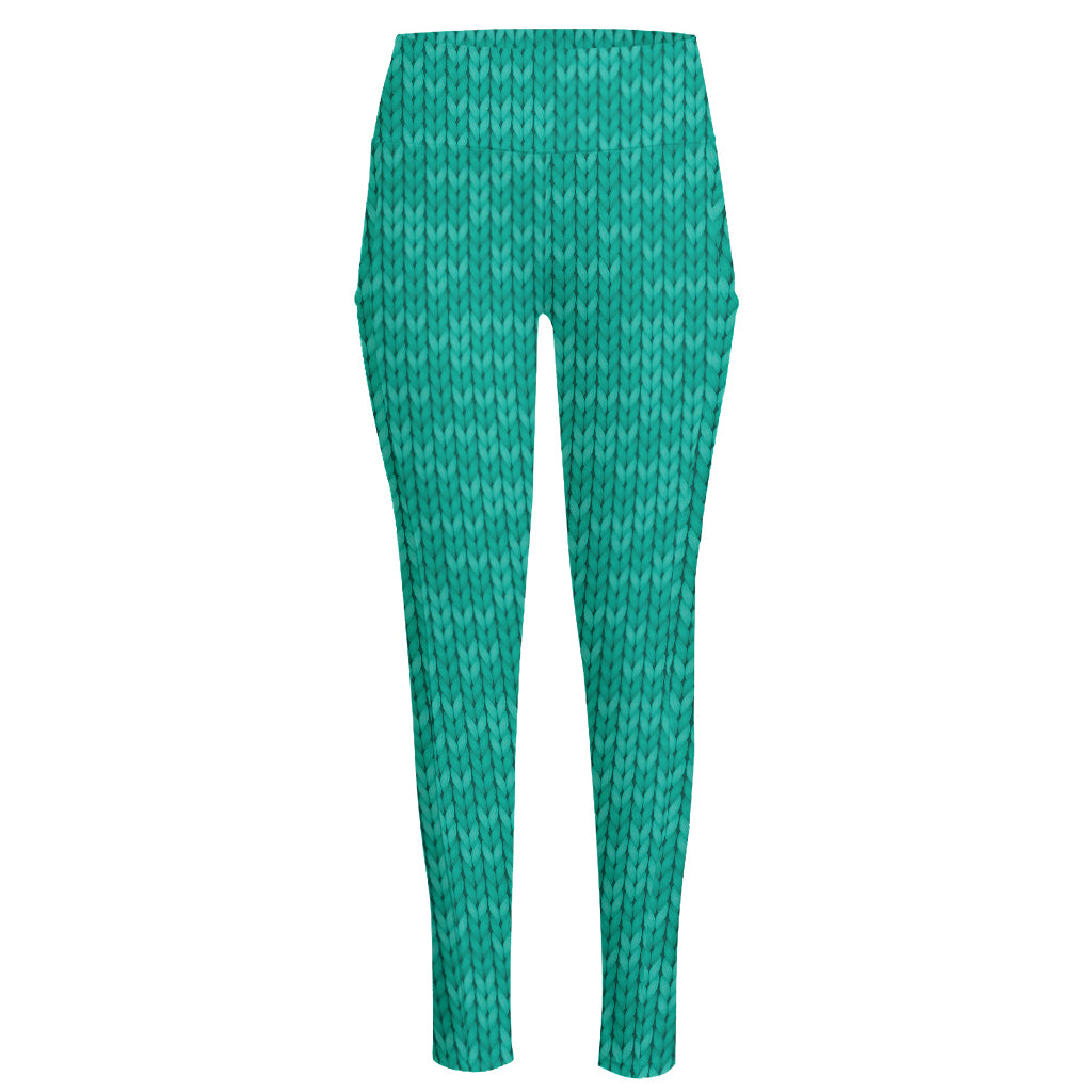 Turquoise Knitted Pattern Print High-Waisted Pocket Leggings