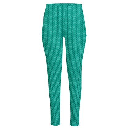 Turquoise Knitted Pattern Print High-Waisted Pocket Leggings