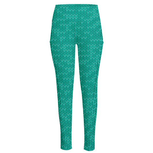 Turquoise Knitted Pattern Print High-Waisted Pocket Leggings