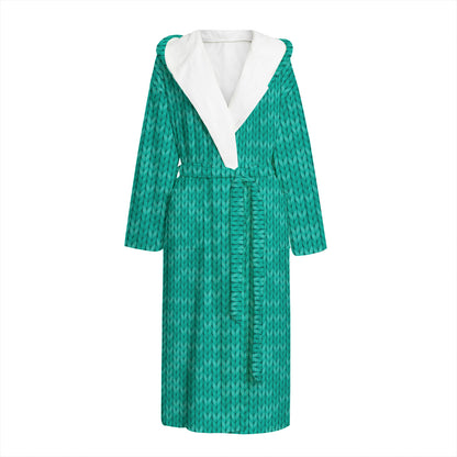 Turquoise Knitted Pattern Print Hooded Bathrobe