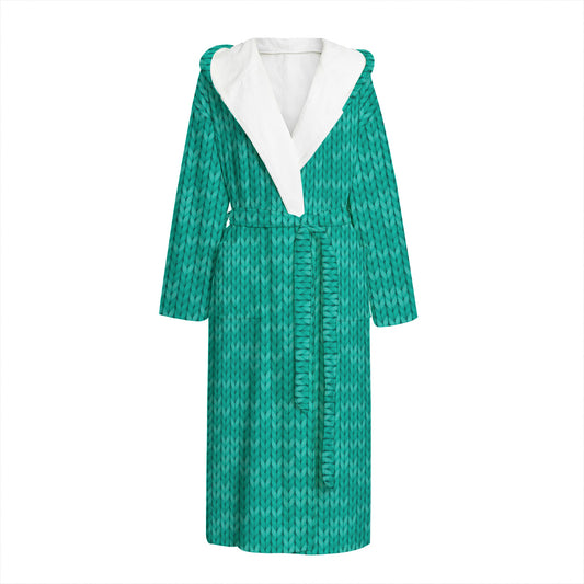 Turquoise Knitted Pattern Print Hooded Bathrobe