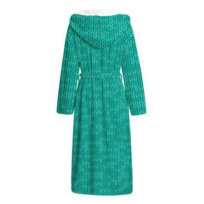 Turquoise Knitted Pattern Print Hooded Bathrobe