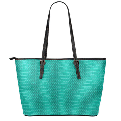 Turquoise Knitted Pattern Print Leather Tote Bag