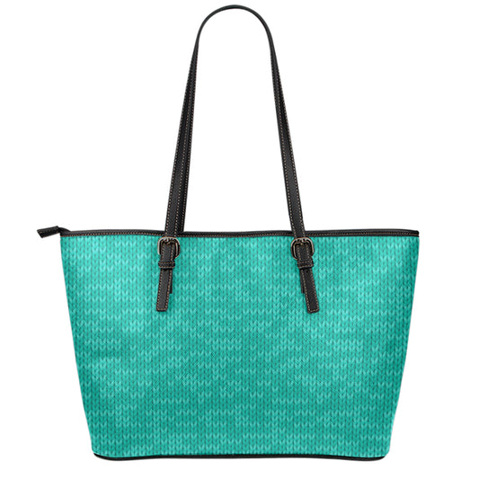 Turquoise Knitted Pattern Print Leather Tote Bag