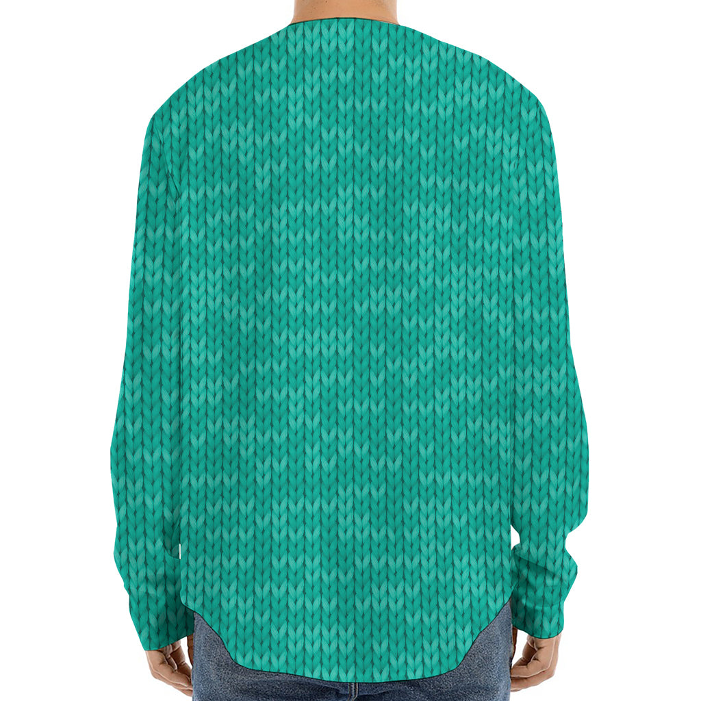 Turquoise Knitted Pattern Print Long Sleeve Baseball Jersey