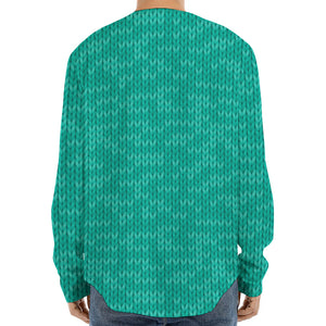 Turquoise Knitted Pattern Print Long Sleeve Baseball Jersey