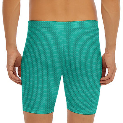 Turquoise Knitted Pattern Print Men's Long Boxer Briefs
