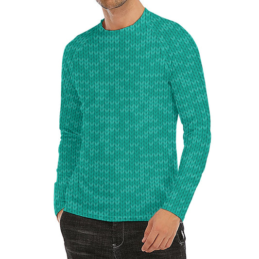 Turquoise Knitted Pattern Print Men's Long Sleeve Rash Guard