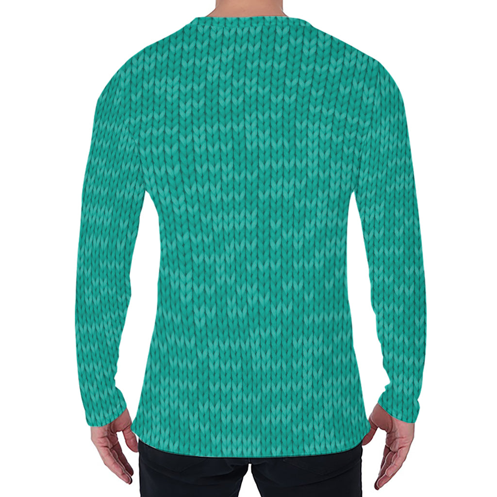 Turquoise Knitted Pattern Print Men's Long Sleeve T-Shirt