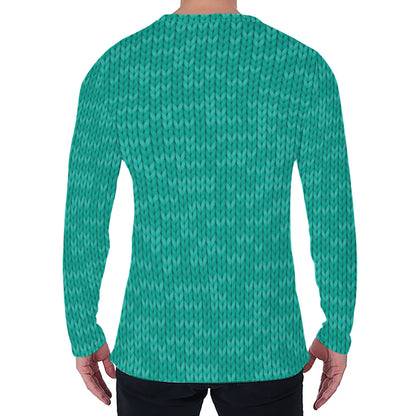 Turquoise Knitted Pattern Print Men's Long Sleeve T-Shirt