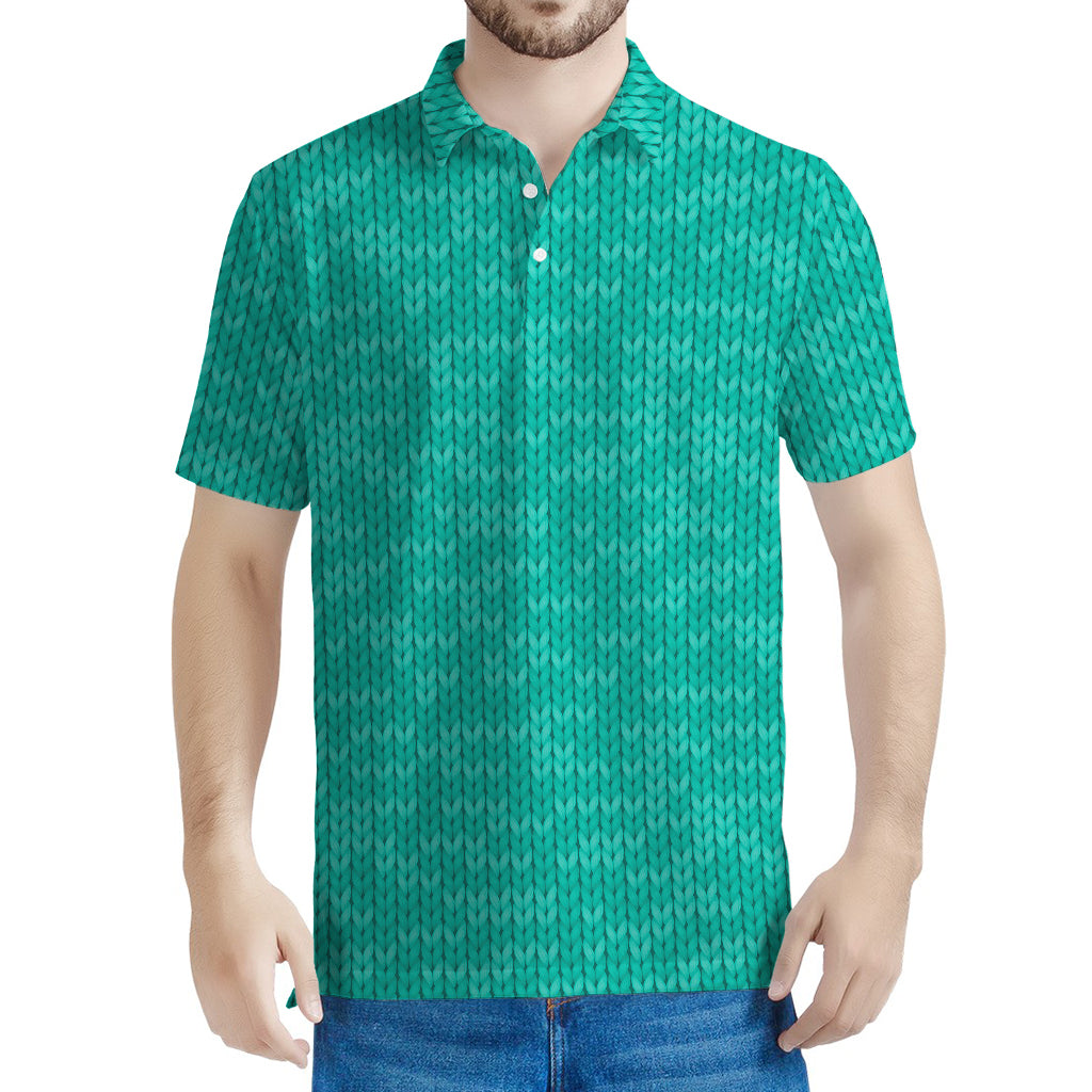 Turquoise Knitted Pattern Print Men's Polo Shirt