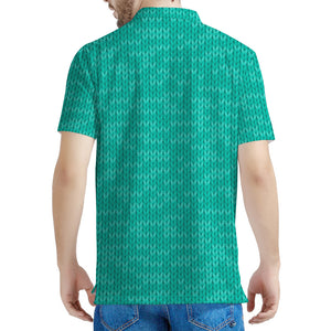 Turquoise Knitted Pattern Print Men's Polo Shirt