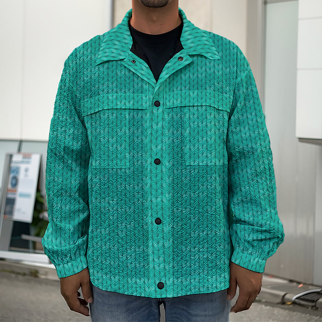 Turquoise Knitted Pattern Print Men's Shirt Jacket