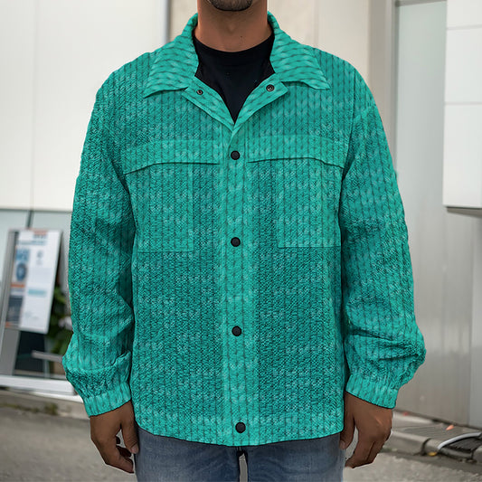 Turquoise Knitted Pattern Print Men's Shirt Jacket