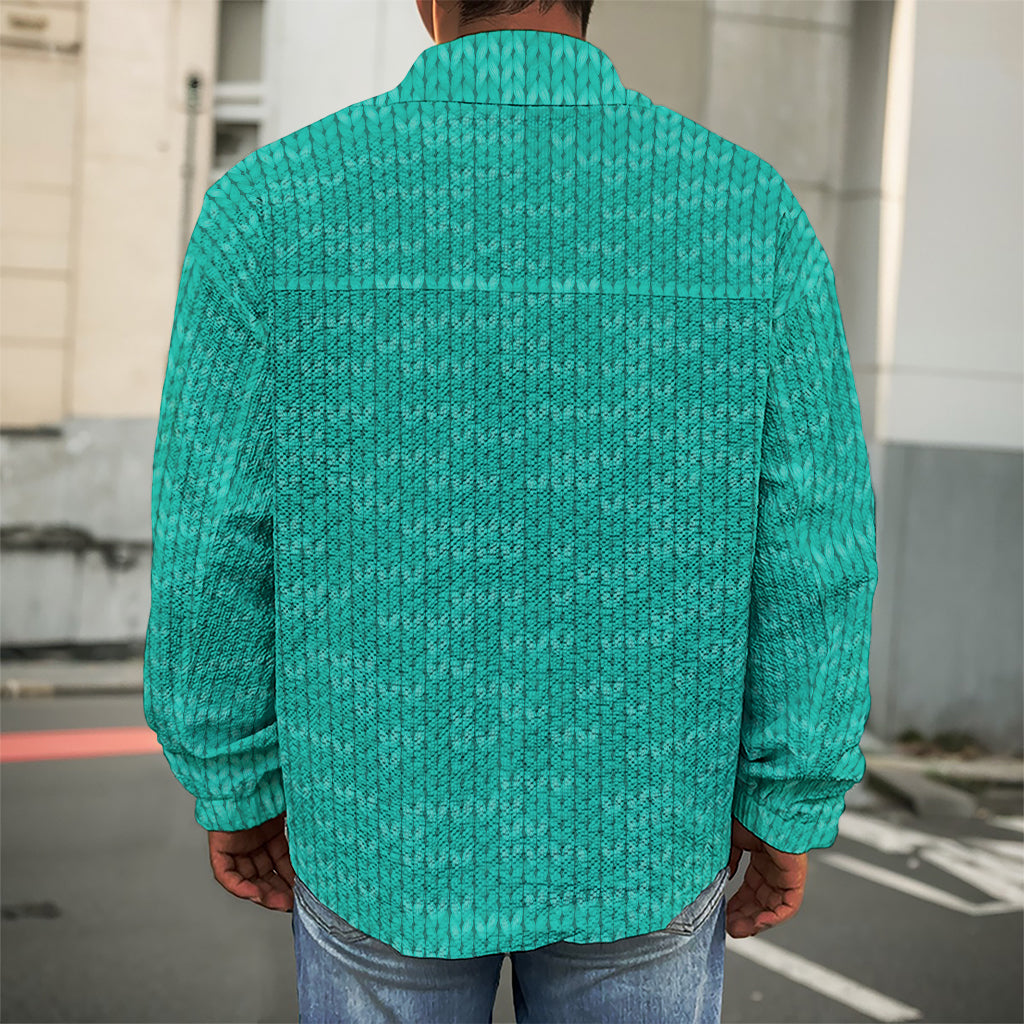 Turquoise Knitted Pattern Print Men's Shirt Jacket