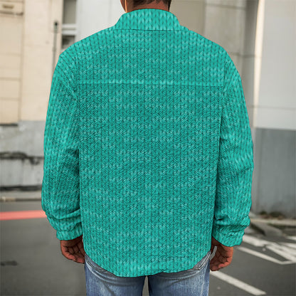 Turquoise Knitted Pattern Print Men's Shirt Jacket