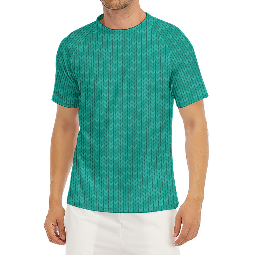 Turquoise Knitted Pattern Print Men's Short Sleeve Rash Guard