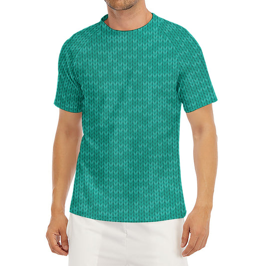 Turquoise Knitted Pattern Print Men's Short Sleeve Rash Guard