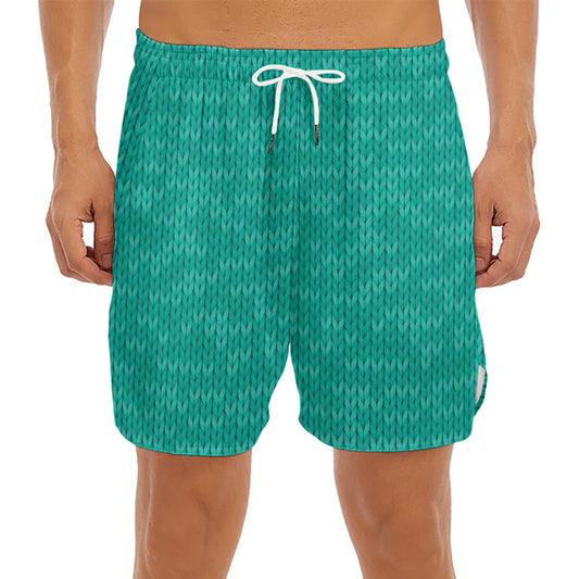Turquoise Knitted Pattern Print Men's Split Running Shorts