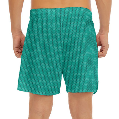 Turquoise Knitted Pattern Print Men's Split Running Shorts