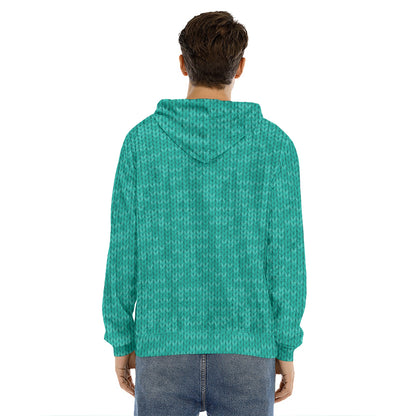 Turquoise Knitted Pattern Print Men's Velvet Pullover Hoodie