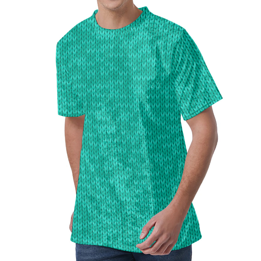 Turquoise Knitted Pattern Print Men's Velvet T-Shirt