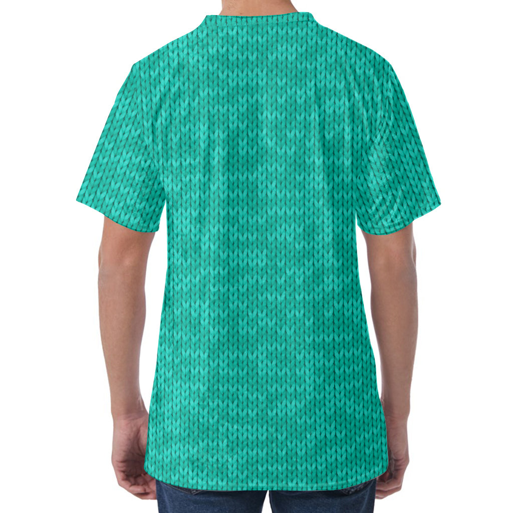 Turquoise Knitted Pattern Print Men's Velvet T-Shirt