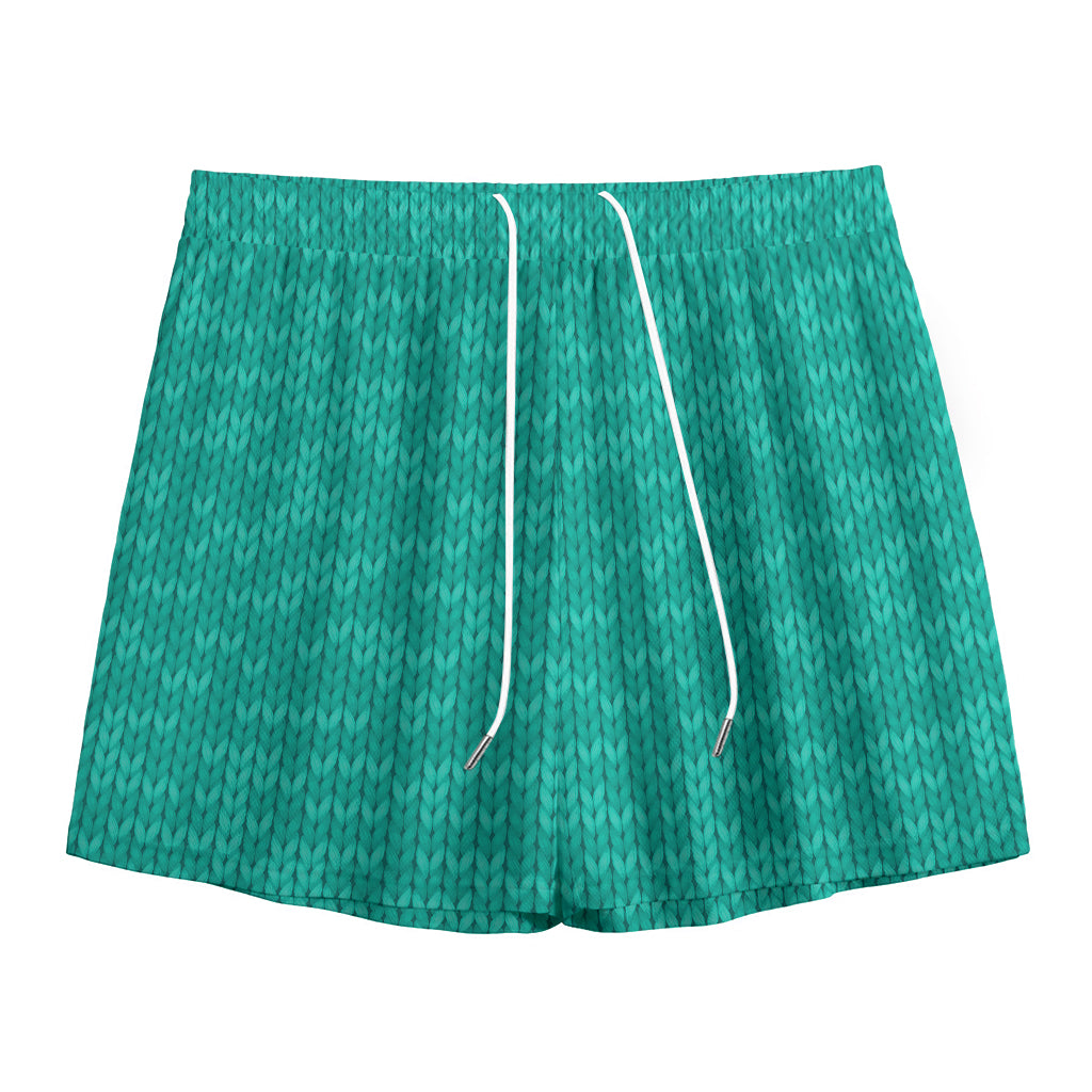 Turquoise Knitted Pattern Print Mesh Shorts