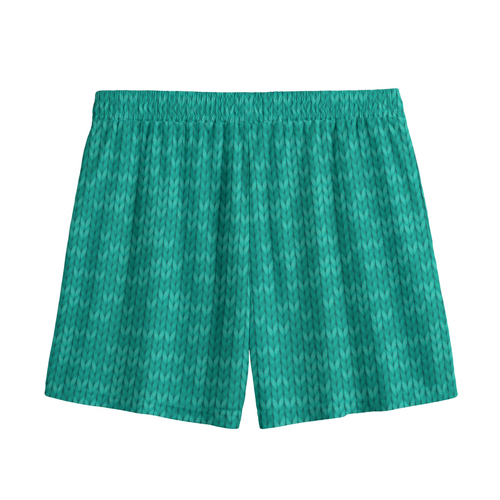 Turquoise Knitted Pattern Print Mesh Shorts