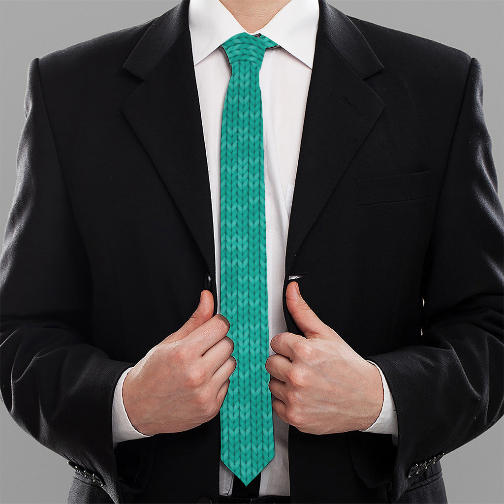 Turquoise Knitted Pattern Print Necktie