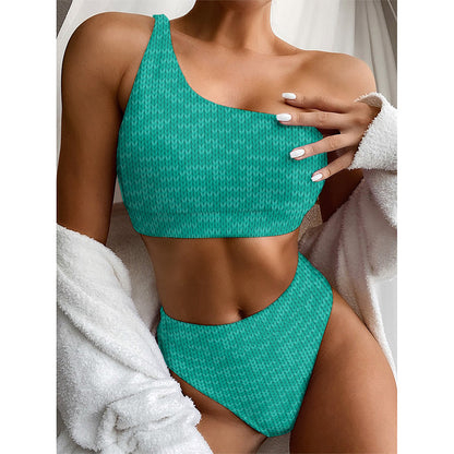 Turquoise Knitted Pattern Print One Shoulder Bikini Top