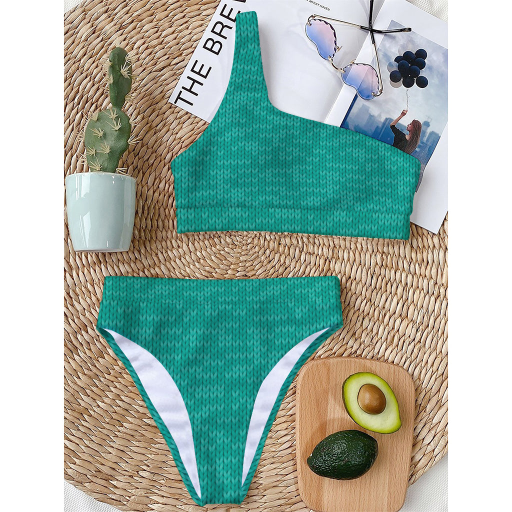 Turquoise Knitted Pattern Print One Shoulder Bikini Top