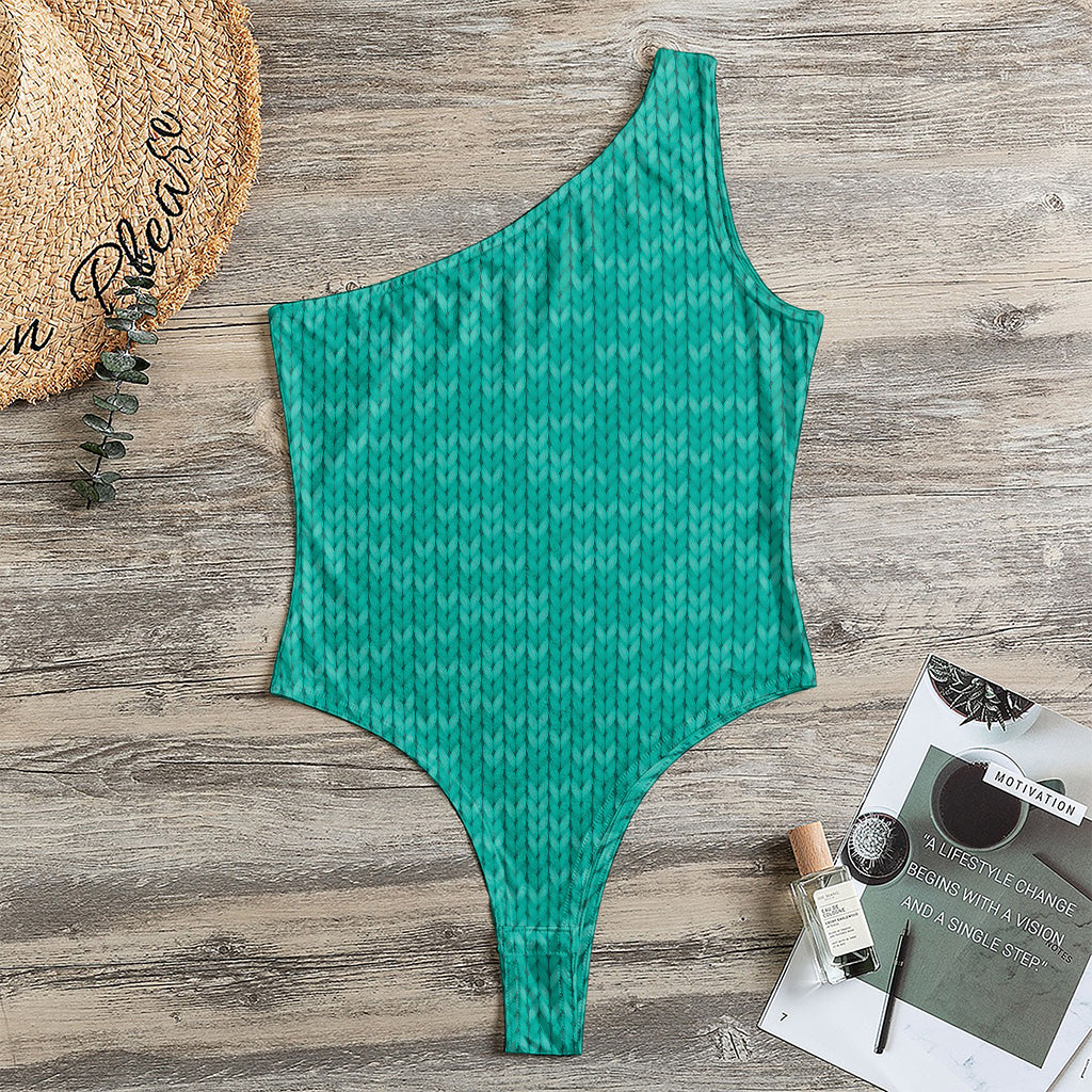 Turquoise Knitted Pattern Print One Shoulder Bodysuit