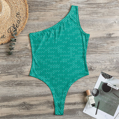 Turquoise Knitted Pattern Print One Shoulder Bodysuit