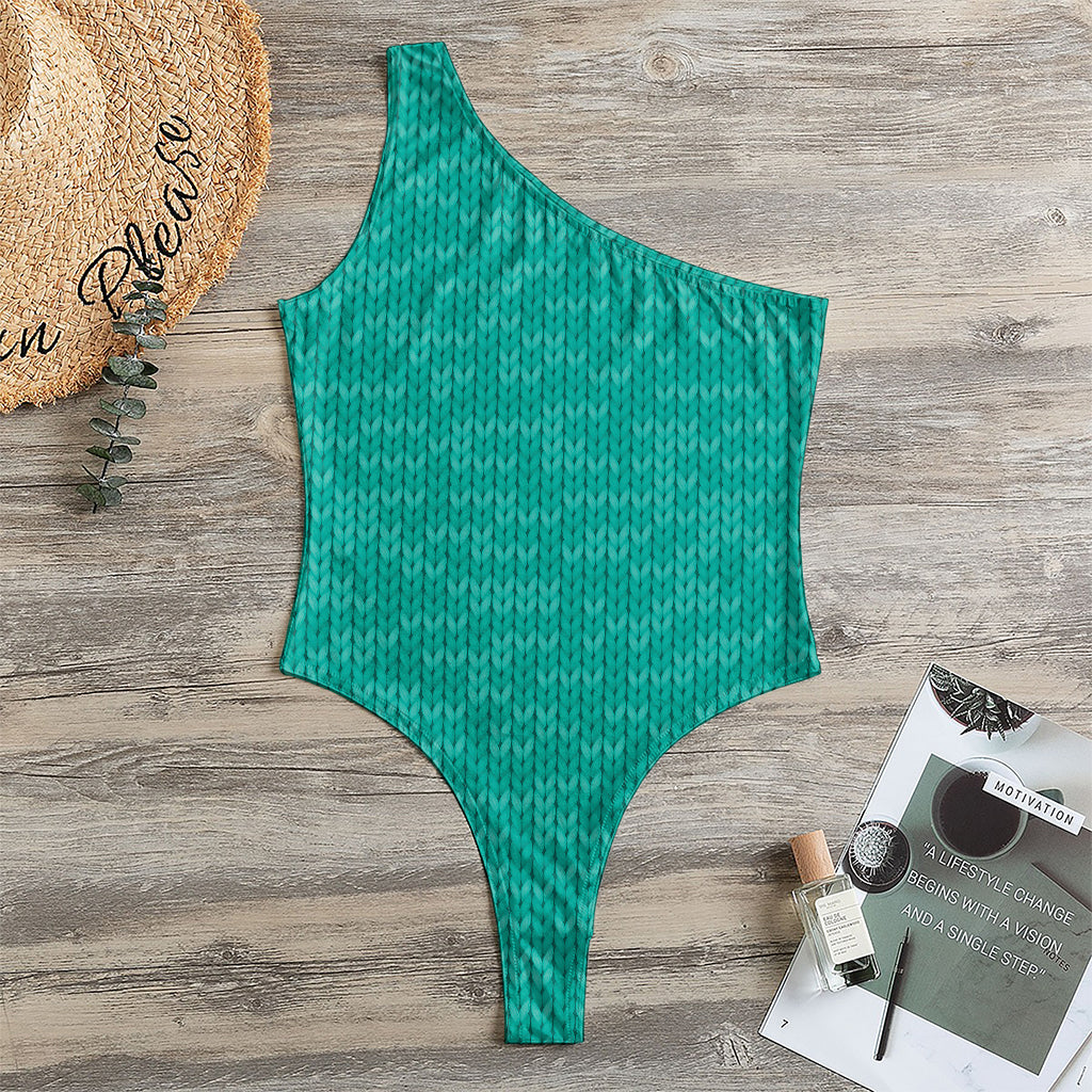 Turquoise Knitted Pattern Print One Shoulder Bodysuit