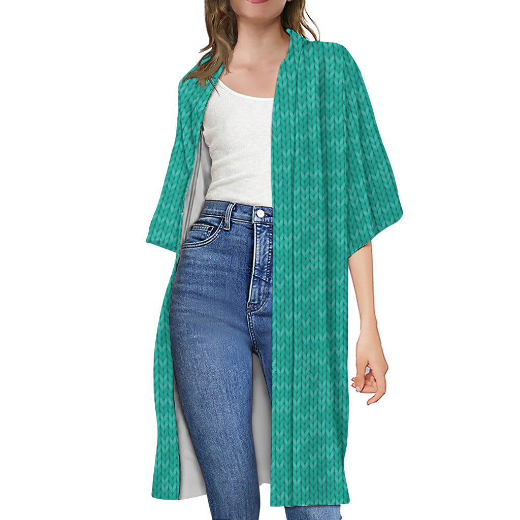 Turquoise Knitted Pattern Print Open Front Beach Cover Up