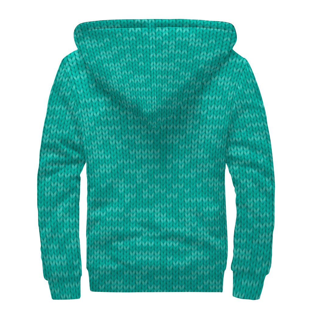 Turquoise Knitted Pattern Print Sherpa Lined Zip Up Hoodie