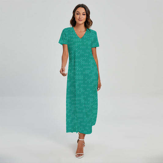 Turquoise Knitted Pattern Print Short Sleeve Maxi Dress