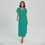 Turquoise Knitted Pattern Print Short Sleeve Maxi Dress