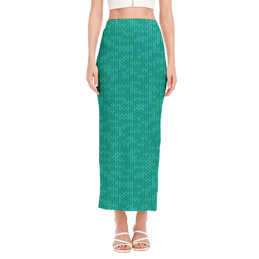 Turquoise Knitted Pattern Print Side Slit Maxi Skirt