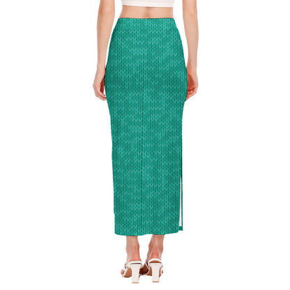 Turquoise Knitted Pattern Print Side Slit Maxi Skirt