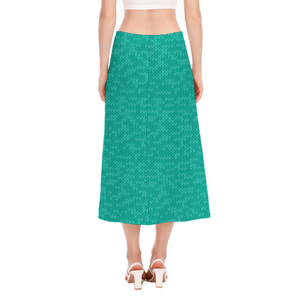 Turquoise Knitted Pattern Print Side Slit Midi Skirt