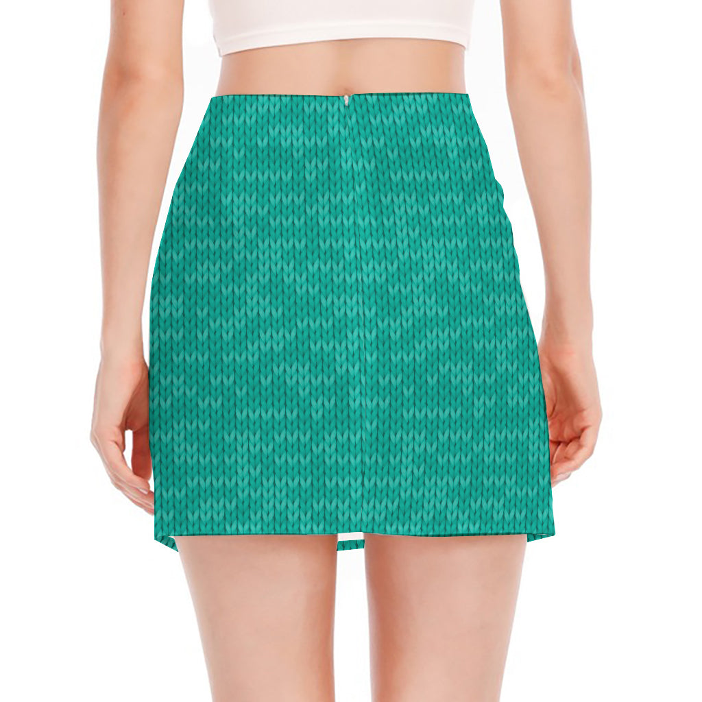 Turquoise Knitted Pattern Print Side Slit Mini Skirt