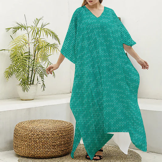 Turquoise Knitted Pattern Print Silk V-Neck Kaftan Dress